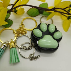 Puede incluir: Un llavero de color negro y verde en forma de pata con un botón verde claro. El llavero está unido a un juego de llaveros de oro y plata con dos abalorios de borla verde.