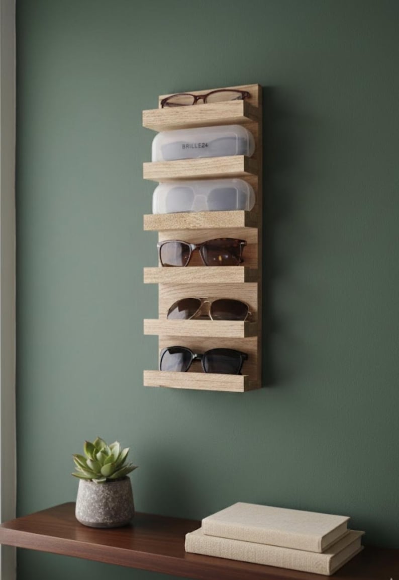 Puede incluir: Un organizador de pared vertical de madera clara con cinco estantes horizontales. Los estantes sostienen varios pares de gafas y dos estuches protectores blancos transl&uacute;cidos, uno de los cuales tiene la etiqueta con el texto BRILLEZA.
