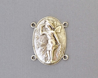 Vintage Garden Fairy Connector Finding - 4 Ring Silver Ox Brass Stamping, 26x18mm - Vintage Jewelry Supplies - VB005 (4 Pieces)
