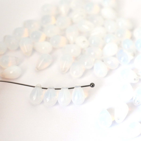 White Opal 6x9mm Teardrop Beads - Czech Glass Beads - Smooth Tear Drop - 50 Pieces