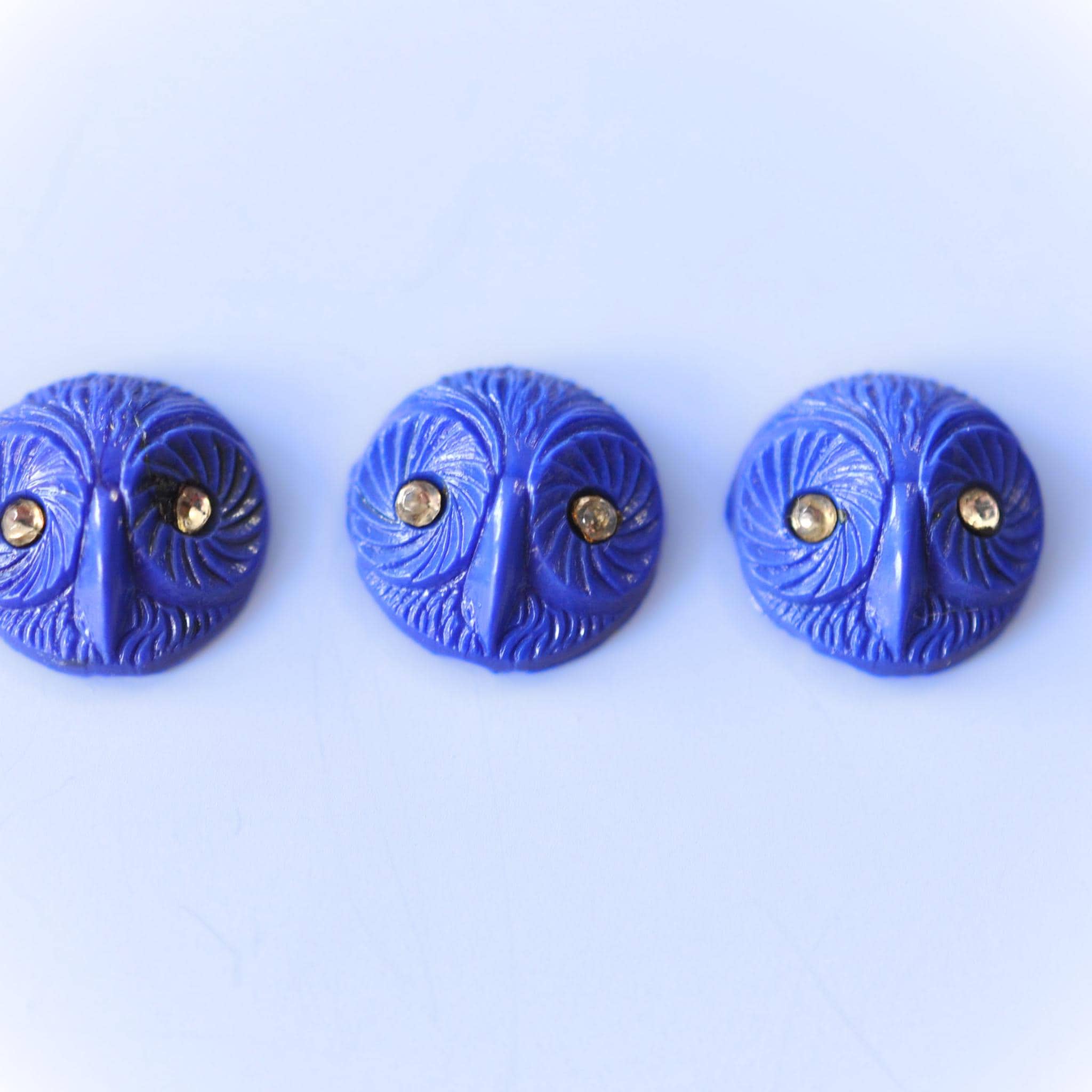 Vintage West German Little Owl Cabochons, Opaque Royal Blue Glass with Sparkling Eyes (FB222) 6 Piec