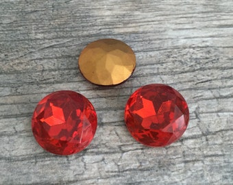 Light Siam Ruby 20mm vintage faceted ttc glass round dentelle chaton strass, Czech Glass, 1 pièce, BV-0667