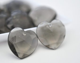 17mm Black Diamond Vintage Heart Shape Faceted Pressed Glass Pendants, Made In Western Germany (VP015) - 6 Pieces