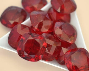 Ruby Red 18mm Vintage TTC Glass Antique Cushion Square Unfoiled Rhinestone Jewels, Made In Western Germany (PB010) - 1 Piece