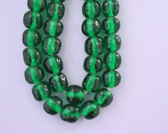 10mm Emerald Green Baroque, Round Vintage Cherry Brand Glass Beads, Made in Japan, Dimpled Round Beads (CB060) - 12 Pieces