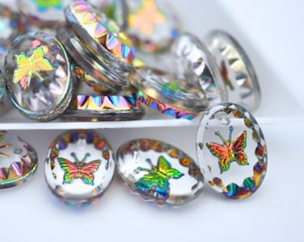 Vintage Butterfly Glass Intaglio Pendant, Made In Western Germany, 14x10mm Oval, Perfect for Earrings & Pendants, Iris (VP003) - 2 Pieces