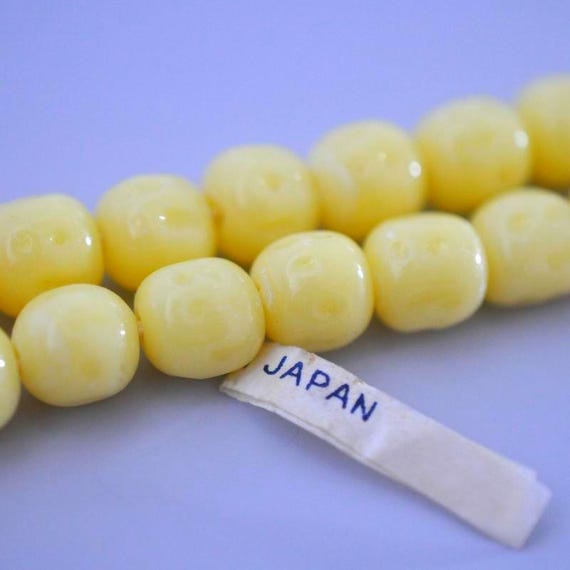 10mm Opaque Yellow Baroque, Round Vintage Cherry Brand Glass Beads, Made in Japan, Dimpled Round Beads (CB068) - 12 Pieces