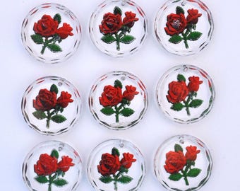 Vintage Double Rose Glass Intaglio Pendant, Made In Western Germany, 25mm Round, Perfect for Earrings & Pendants, Floral (VP005) - 2 Pieces