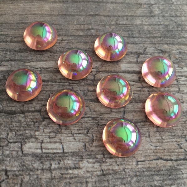 Light Rose AB 14mm 60ss vintage round flat back unfoiled glass Bombe cabs, cabochons, 6 pieces BV-0431