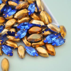 15x7mm Sapphire Blue Navette Shape Brass Set Rhinestones, Vintage Set Austrian Crystals, Soldering, DIY Jewelry Making (SR008) - 4 Pieces