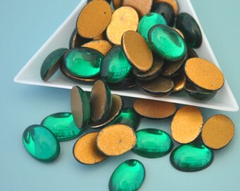 14x10mm Emerald Vintage Gold Foiled Glass Oval Cabochons, Green Cab, Flat Back Rhinestones, Made in West Germany, Holiday (FB063) - 6 Pieces