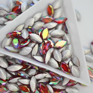 Ruby AB 10x5mm Vintage TTC Navette Shape Faceted Glass Rhinestones, Made In Western Germany, Jewelry Repairs, Red Rainbow (PB047) - 6 Pieces