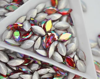 Ruby AB 10x5mm Vintage TTC Navette Shape Faceted Glass Rhinestones, Made In Western Germany, Jewelry Repairs, Red Rainbow (PB047) - 6 Pieces