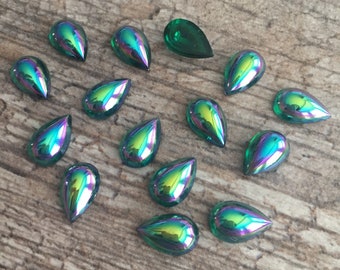 Emerald AB 13x8.5mm vintage pear shape flat back unfoiled glass Bombe cabs, cabochons, 12 pieces BV-0461