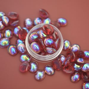 12x10mm Vintage Ruby Red AB Bombe Glass Cabochons Oval Unfoiled Transparent Red Flat Back Cabs West German (BB007) - 4 Pieces