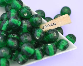 8mm Emerald Baroque, Vintage Cherry Brand Glass Beads, Made in Japan, Dimpled Round Beads, Green (CB012) - 12 Pieces or Full Strand W. Tag