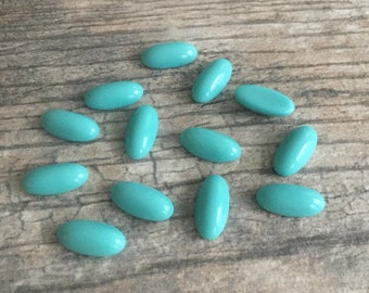 Green Turquoise 14x7mm vintage glass oval cabs, cabochons, Made in Western Germany, 12 Pieces  BV-0674
