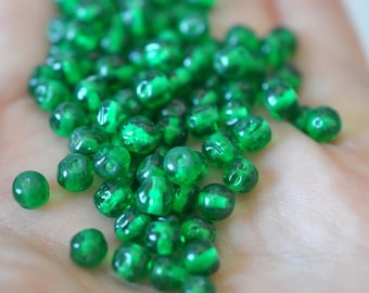 6mm Emerald Baroque, Vintage Cherry Brand Glass Beads, Made in Japan, Dimpled Round Beads, Green (CB017) - 12 Pieces or Full Strand W. Tag