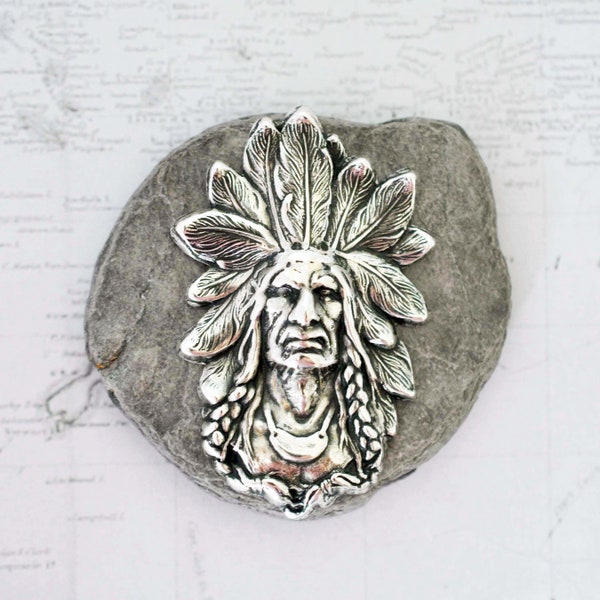 Antique Silver Ox Large Native American Brass Stamping - Brass Finding - Focal Brass Stamping - Native American Chief - ASB113