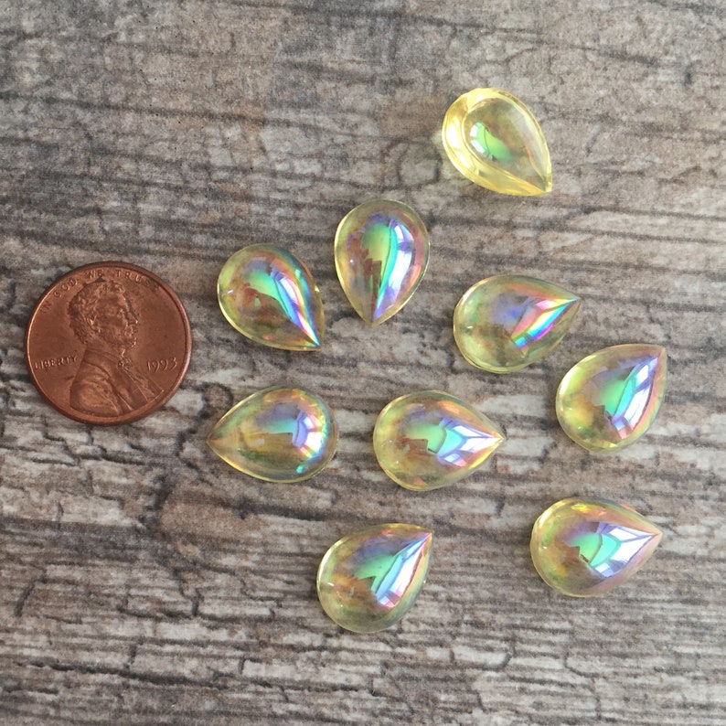 cabochons Jonquil AB 15x11mm vintage pear shape flat back unfoiled glass Bombe cabs 6 pieces BV-0468