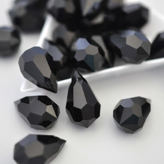 Jet Black 20x12mm Vintage Preciosa Crystal Machine Cut Czech Glass Faceted Teardrop Pendants, Large Faceted Raindrop (VP014) - 4 Pieces