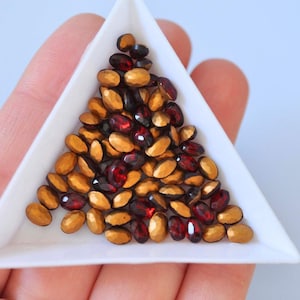 Siam Ruby 6x4mm Vintage Gold Foiled Faceted Tiny Glass Oval Shape TTC Rhinestones, Czech Glass, Dark Red Color (PB073) - 12 Pieces