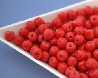 6mm Opaque Red Baroque, Vintage Cherry Brand Glass Beads, Made in Japan, Dimpled Round Beads (CB035) - 12 Pieces