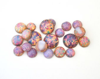 Czech Glass Harlequin Pink Fire Opals Flat Back Round Cabochon - 8mm, 11mm, 12mm, 13mm, 15mm, 18mm - Multiple Sizes Available (BV-0001)