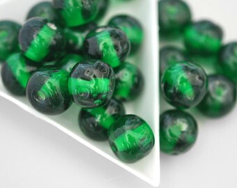 12mm Emerald Green Baroque, Vintage Cherry Brand Glass Beads, Made in Japan, Dimpled Round Beads (CB013) - 12 Pieces