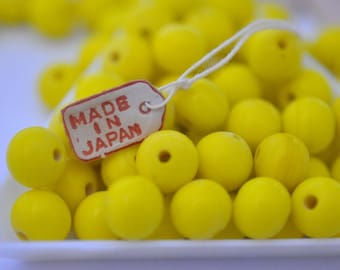 8mm Neon Yellow Smooth Round, Vintage Cherry Brand Glass Beads, Made in Japan, Round Beads, Soft Yellow (CB024) - 12 Pieces