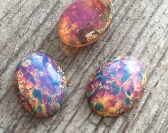 Czech Harlequin Pink Fire Opals Flat Back Oval Cabochon - 25x18mm, 18x13mm, 14x10mm, 10x8mm - Multiple Sizes Available (BV-0002)