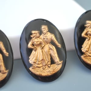 25x18mm Vintage Oval Glass Intaglio Cabochons, Black and Gold Cabs, Made In Western Germany (FB070) - 1 Piece