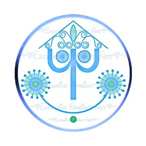 May include: A blue and green stylized illustration of a house with a tree inside. The house has a curved roof and the tree has a large trunk and two branches. The illustration is surrounded by a circle with the text "Exclusive Ambient Art" repeated around the edge.