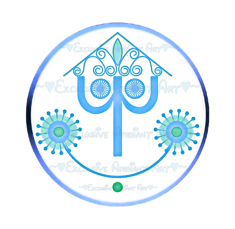 May include: A blue and green stylized illustration of a house with a tree inside. The house has a curved roof and the tree has a large trunk and two branches. The illustration is surrounded by a circle with the text "Exclusive Ambient Art" repeated around the edge.