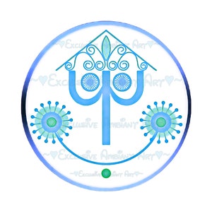 May include: A blue and green stylized illustration of a house with a tree inside. The house has a curved roof and the tree has a large trunk and two branches. The illustration is surrounded by a circle with the text "Exclusive Ambient Art" repeated around the edge.