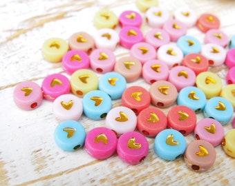 10 Heart Beads made of Acrylic Hearts Heart Beads Multicolour Pastel gold 7 mm