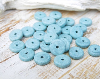 30 ceramic beads slices stone washed light blue 8 mm
