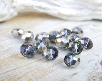25 facettierte Glasperlen Perlen silber multicolor lila blau 5 x 8 mm