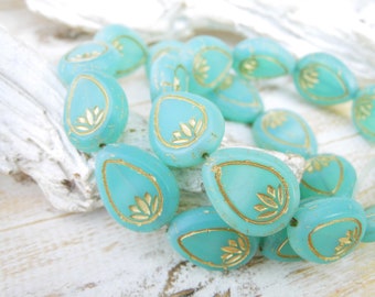 2 exclusive Bohemian glass beads czech beads Lotus Flower mint green silk matt gold finish 18 x 14 mm