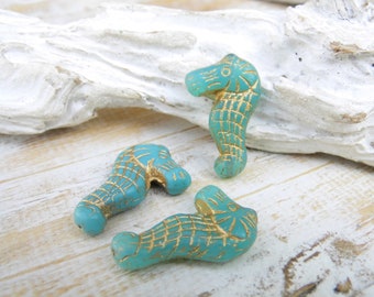 2 exclusive Bohemian glass beads czech beads Seahorse turquoise green opaque Antique patina 28 x 18 mm