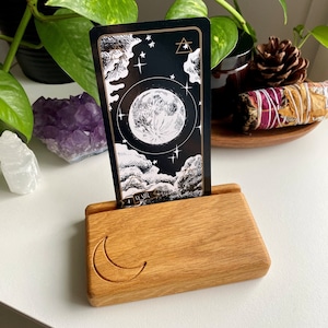 Wooden oracle card holder with engraved crescent moon pattern, solid oak tarot card holder