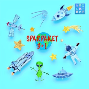 Könnte beinhalten: Eine Sammlung von aufgestickten Weltraum-Patches, darunter eine Rakete, ein Satellit, ein Astronaut, ein Alien und ein UFO, zusammen mit goldenen Sternen und einem Planeten Erde. Der Text "SPARPAKET 3+1" ist rot. Der Hintergrund ist hellblau.