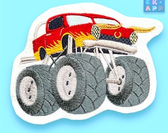 Monster truck in flame design – embroidered appliqué in desired colors, customizable