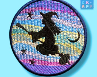 Witch against a colorful sky – round embroidered appliqué for Halloween or fantasy fans – available in 2 sizes and in your choice of colors