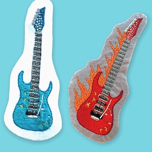 Electric guitar patch – with or without flames – custom colors & name – rocking embroidery image for sewing or ironing on