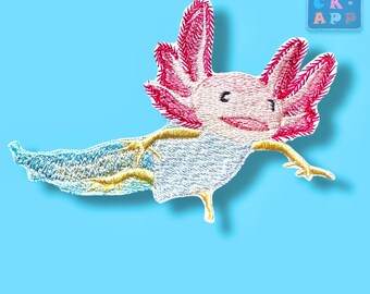 Axolotl embroidered applique – cute underwater friend for ironing or sewing on
