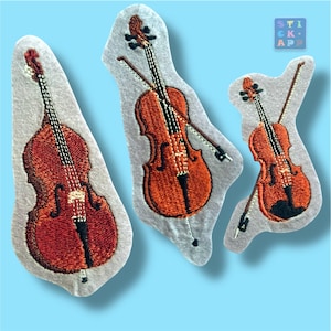 String instruments violin, cello, double bass embroidery appliqué – patch instrument – desired name – music decoration – for ironing or sewing on