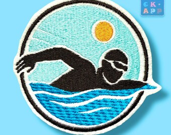 Swimmer embroidered appliqué with desired name – 8 / 10 / 12 cm – also available as a Velcro patch – other sports available in the shop or on request