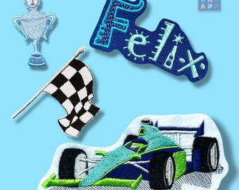 SAVINGS PACKAGE RACING CAR with your desired NAME - Embroidered appliqués - 2 sizes - Colors customizable