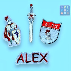 Könnte beinhalten: Bügeleisen-Aufnäher mit einem Ritter, einem Schwert, einem Schild und dem Namen "ALEX" in roter und weißer Stickerei.